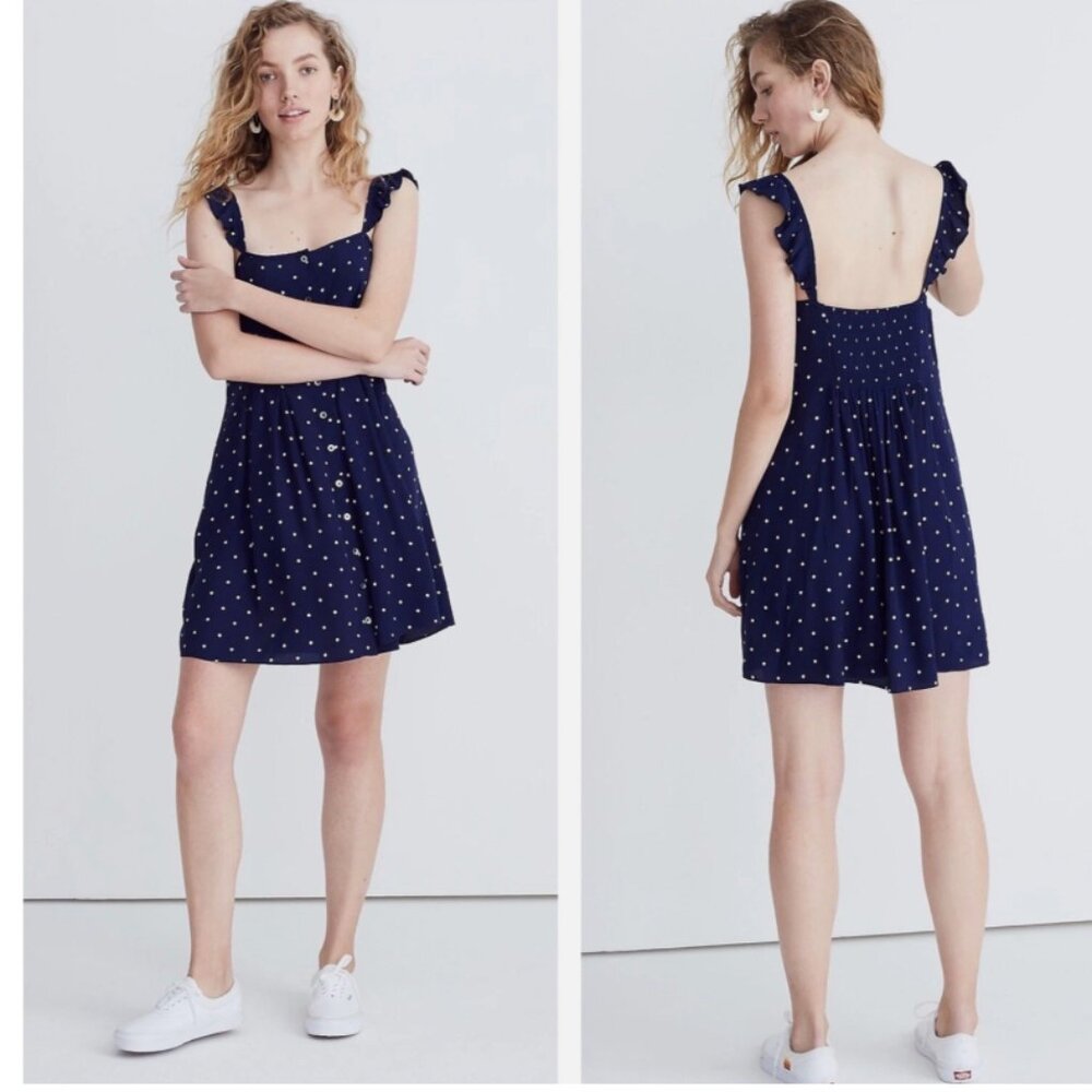 NWT Madewell Size 00 Ruffle Strap Dress Button Front Navy White Polka Dot